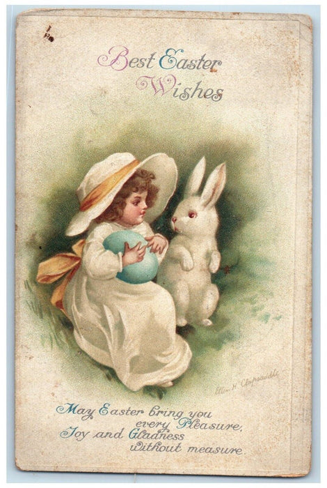 c1910's Easter Wishes Little Girl Bunny Rabbit Egg Clapsaddle Embossed Postcard