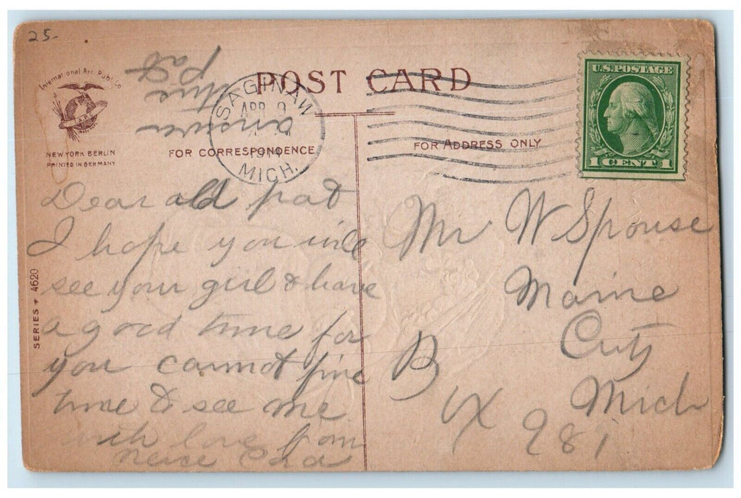 c1910's Easter Wishes Little Girl Bunny Rabbit Egg Clapsaddle Embossed Postcard