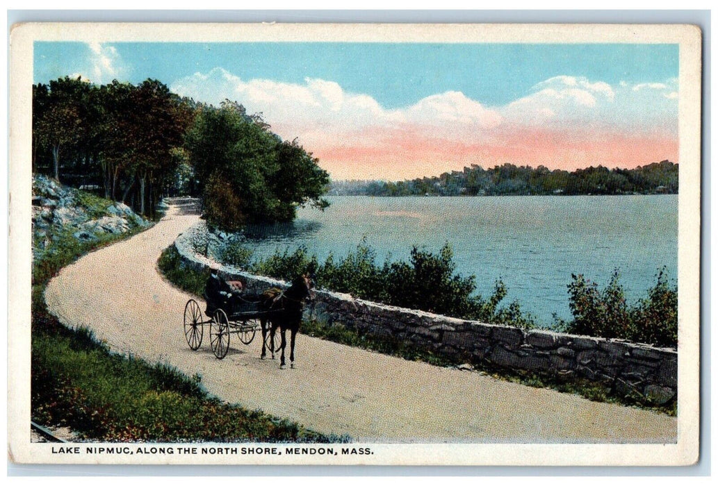 c1930 Lake Nipmuc Along North Shore Horse Carriage Mendon Massachusetts Postcard