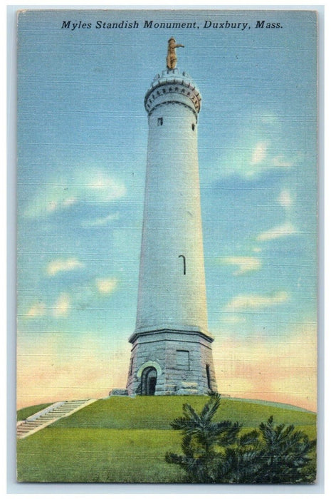 1951 Myles Standish Monument Duxbury Tower Field Massachusetts Vintage Postcard
