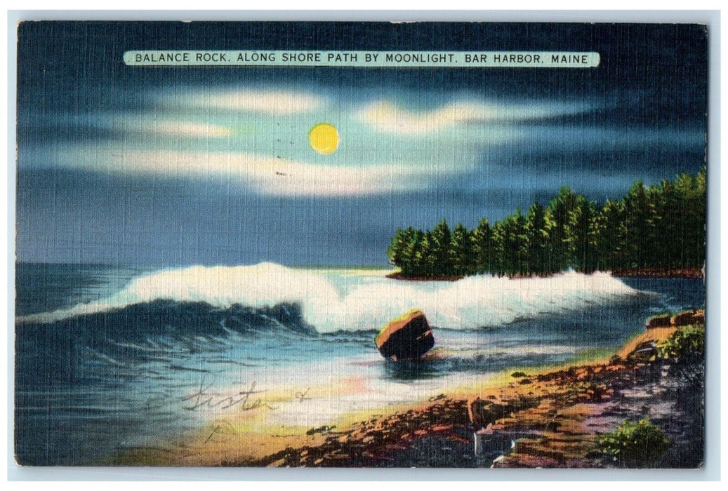 1941 Balance Rock Along Shore Path Moonlight Night Bar Harbor Maine ME Postcard