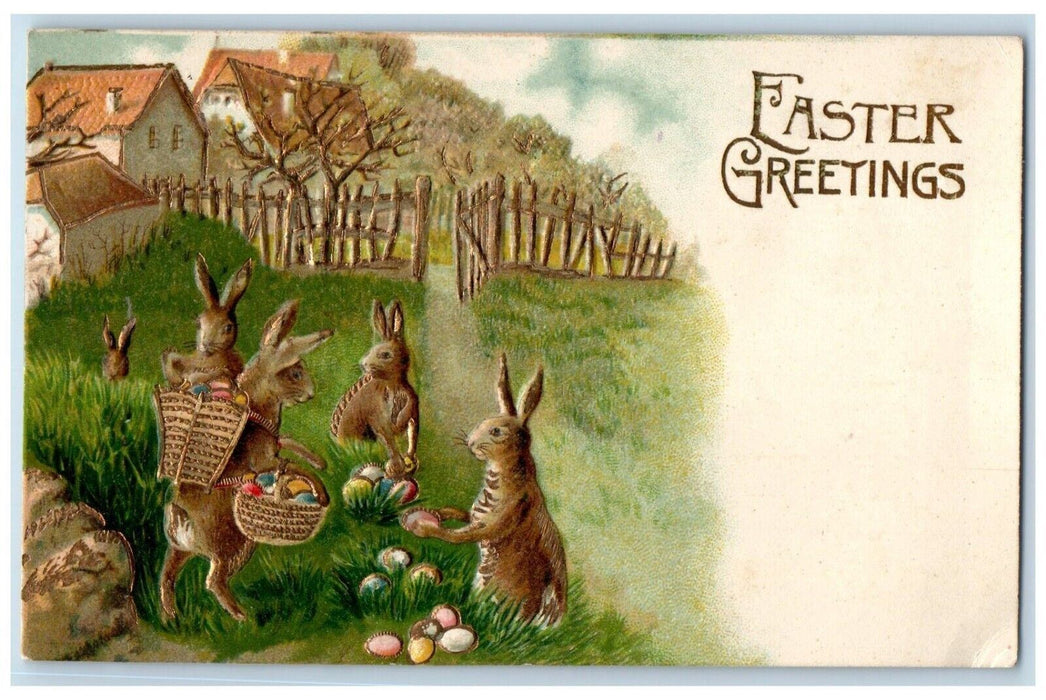 c1910's Easter Greetings Anthropomorphic Rabbit Baskets Eggs Embossed Postcard