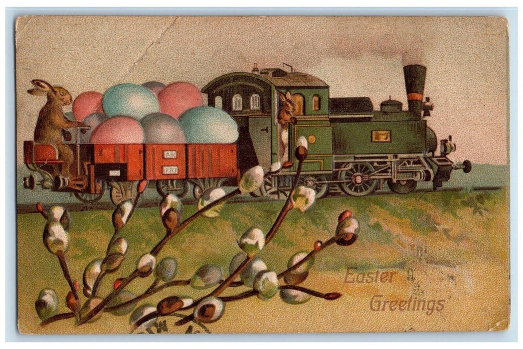 1909 Easter Greetings Anthropomorphic Rabbit Train Eggs Embossed Posted Postcard