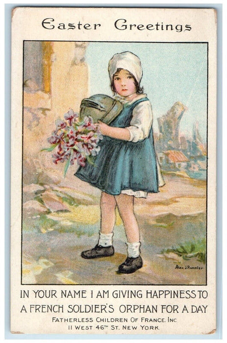 c1910's Easter Greetings Girl Flowers Orphan Fatherless Soldier WWI Postcard