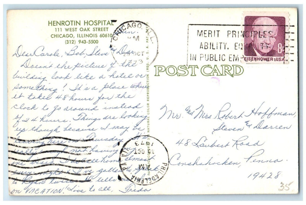 1973 Henrotin Hospital Car View West Oak Street Chicago Illinois IL Postcard
