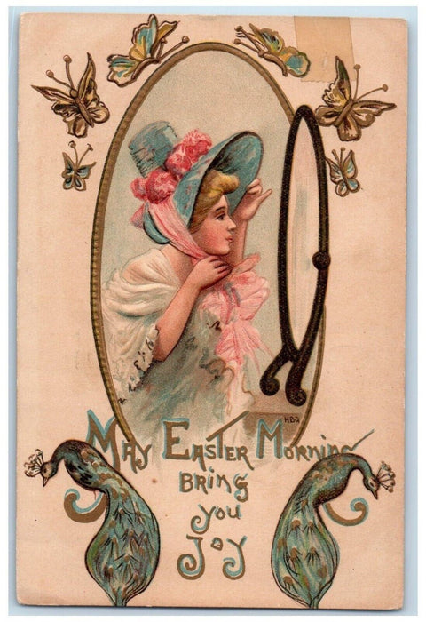 1909 Easter Pretty Girl Mirror Butterflies Peacock HBG Fairmont WV Postcard