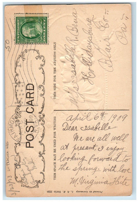 1909 Easter Pretty Girl Mirror Butterflies Peacock HBG Fairmont WV Postcard