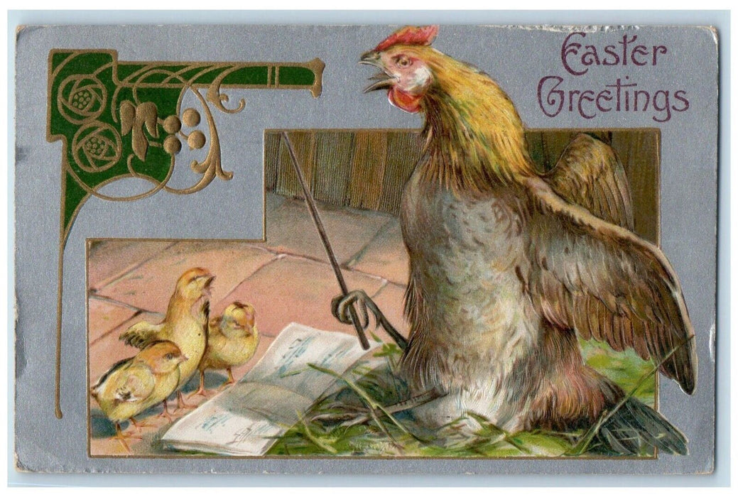 1908 Easter Greetings Anthropomorphic Singing Chicken Hen Chicks Posted Postcard