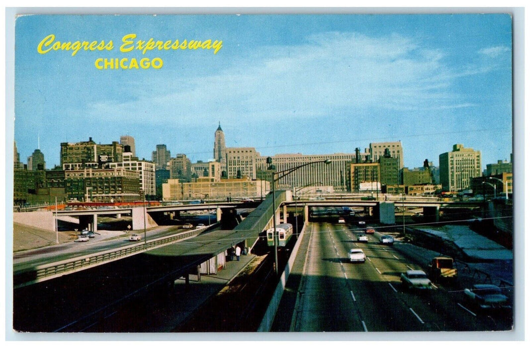 Congress Expressway Cars Buildings Train Scene Chicago Illinois IL Postcard