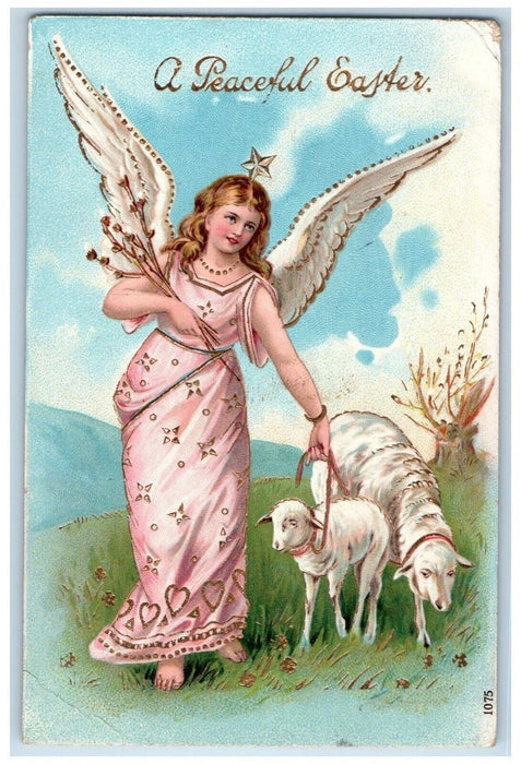 c1910's Easter Angel Star With Lamb Gel Gold Gilt Florence Station IL Postcard