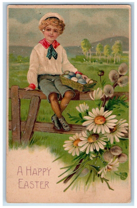 c1910's Easter Boy Sitting Fence Eggs Basket Daisy Flowers Embossed Postcard