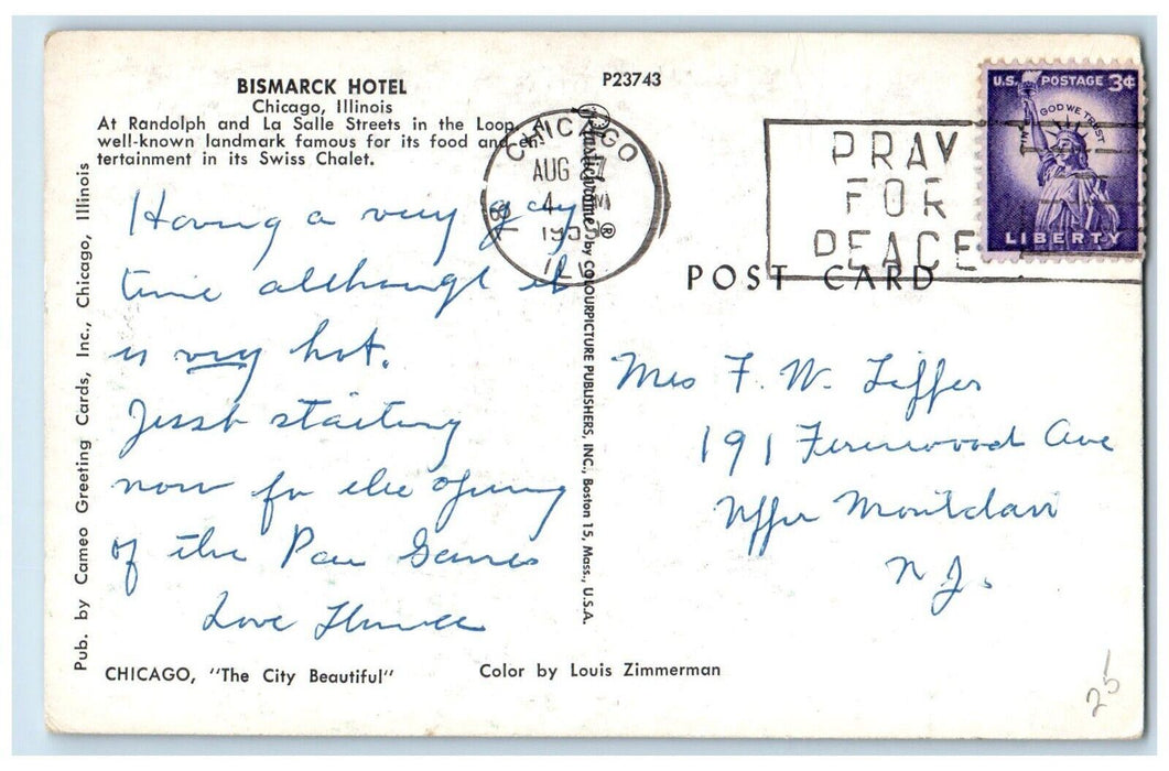 Bismack Hotel Swiss Chalet Cocktail Lounge View Chicago Illinois IL Postcard