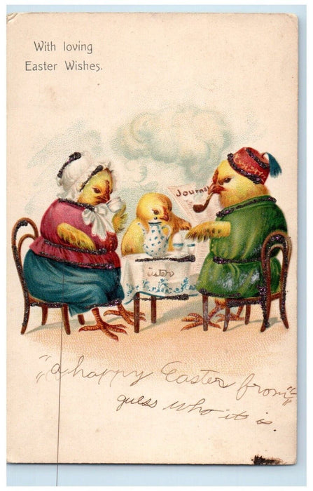 c1905 Easter Family Anthropomorphic Chicks Coffee Tea Pipe Embossed Postcard