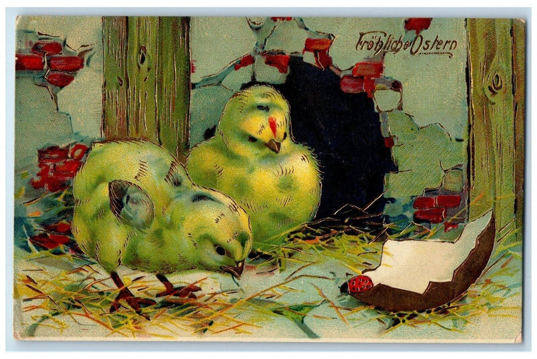 c1910's Easter Chicks Hatched Egg Lady Bug Gel Gold Gilt Embossed Postcard
