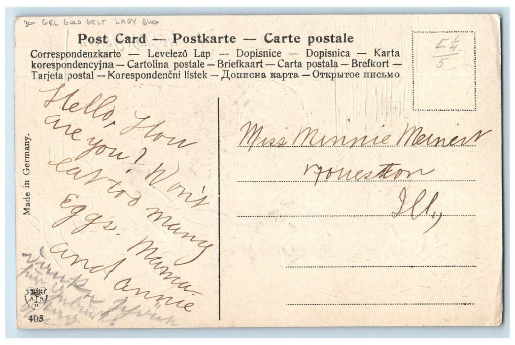 c1910's Easter Chicks Hatched Egg Lady Bug Gel Gold Gilt Embossed Postcard
