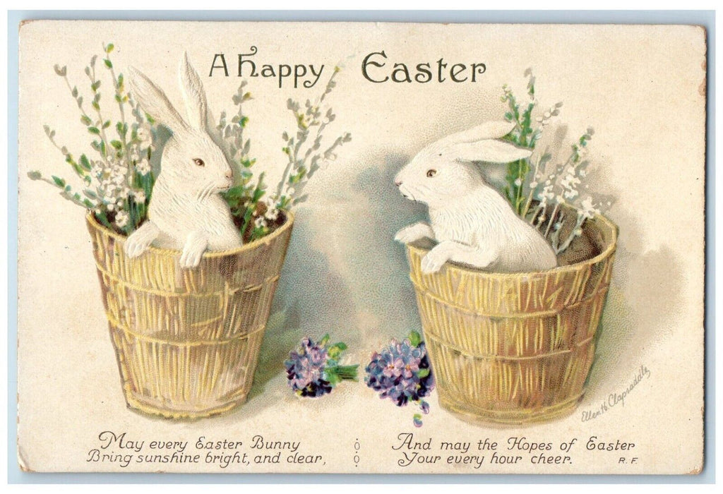 c1910's Easter Bunny Rabbit In Baskets Flowers Clapsaddle Embossed Postcard