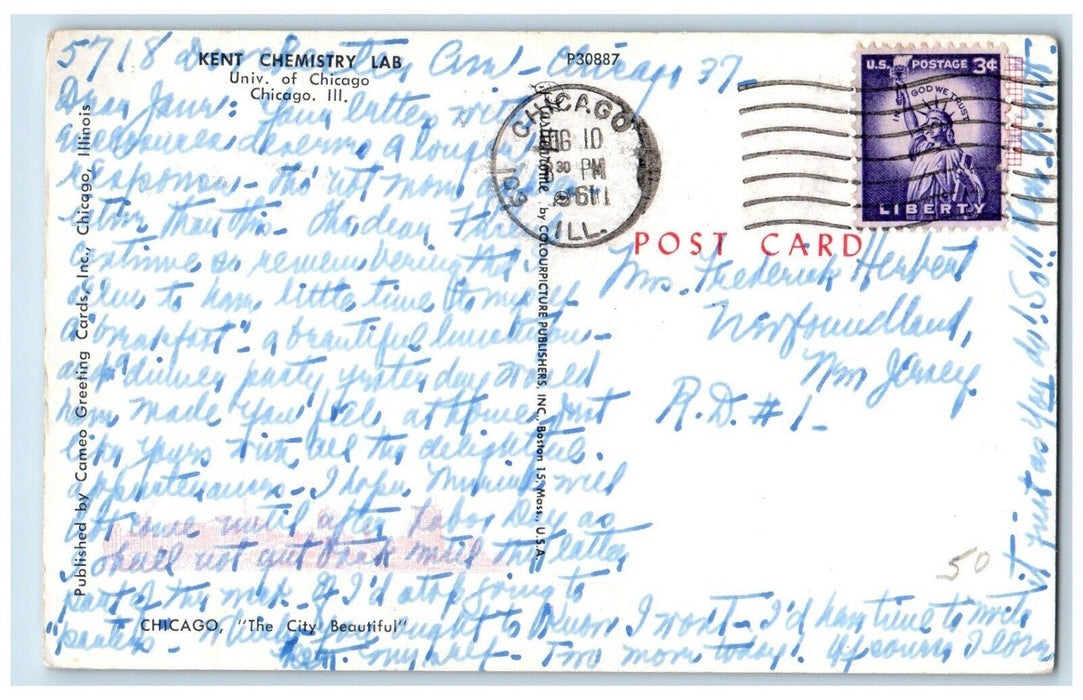 1961 Kent Chemistry Lab University Exterior Scene Chicago Illinois IL Postcard