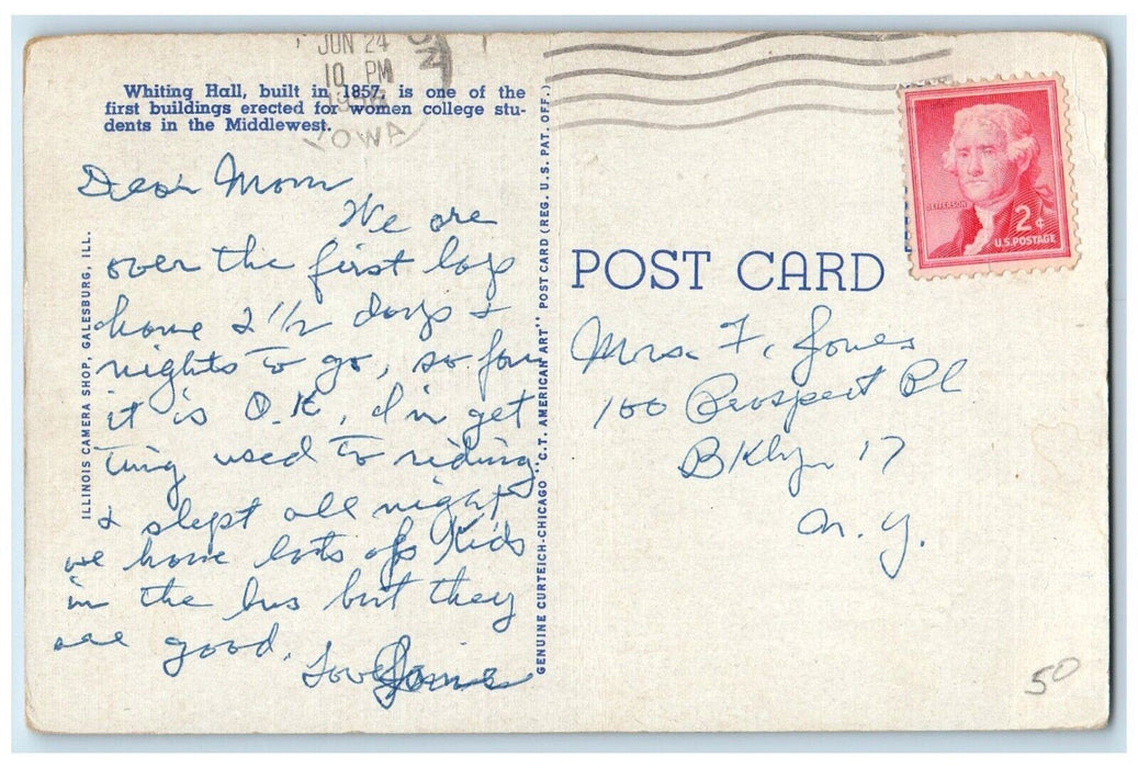 1956 Whiting Hall Dormitory Women Knox College Galesburg Illinois IL Postcard