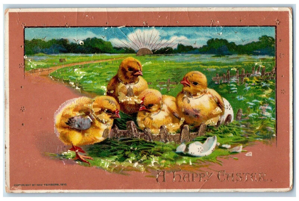 c1910's Easter Hatched Giant Chicks Field Embossed Gel Gold Gilt Posted Postcard