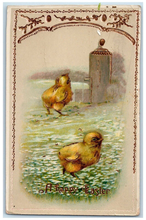 1917 Easter Chicks Water Tank Gel Gold Gilt Embossed Lyons New York NY Postcard