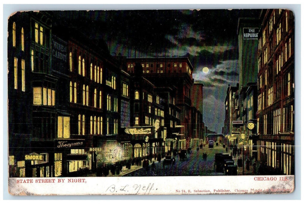 1905 State Street By Night Cars Stores Street View Chicago Illinois IL Postcard