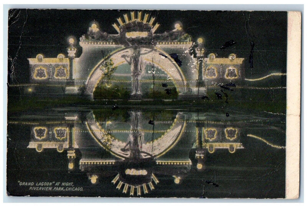 1916 Grand Lagoon At Night View Riverview Park Chicago Illinois IL Postcard