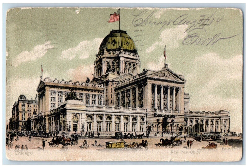 1904 New Post-office Building Horse Carriage Chicago Illinois IL Postcard