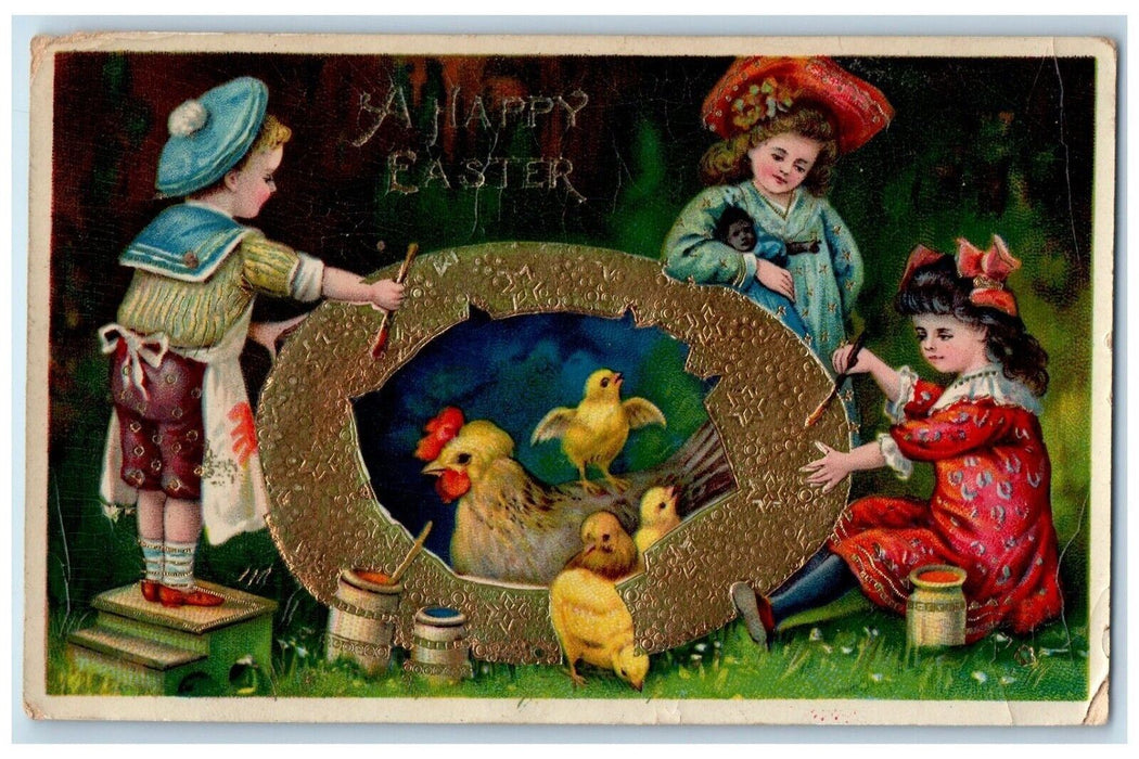 c1910's Easter Childrens Painter Hatched Egg Chicken Hen Chicks Antique Postcard