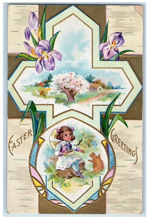 1917 Easter Greetings Holly Cross Little Girl Feed Squirrel Winsch Back Postcard