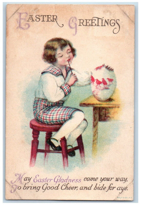 c1910's Easter Greetings Girl Egg Painting Wolf Pisted Antique Postcard