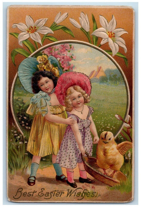 c1910's Easter Wishes Girls Chick White Lily Flowers Embossed Antique Postcard