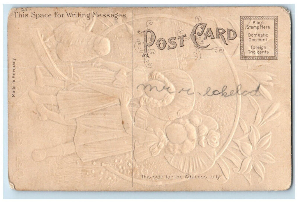 c1910's Easter Wishes Girls Chick White Lily Flowers Embossed Antique Postcard