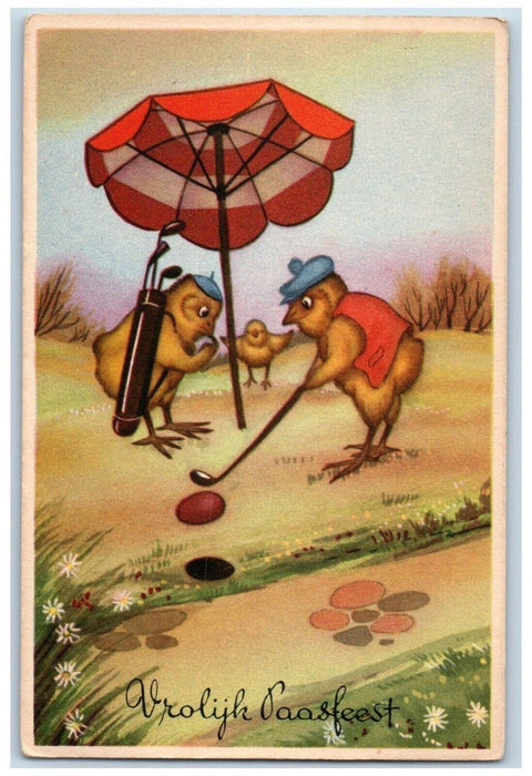 c1910's Easter Anthropomorphic Chicks Golfing Egg Posted Antique Postcard