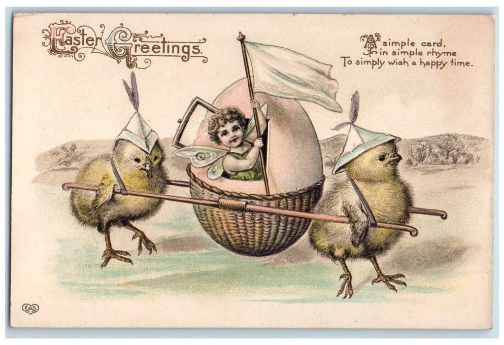 Easter Greetings Anthropomorphic Chick Basket Egg Angel Butterfly Wings Postcard