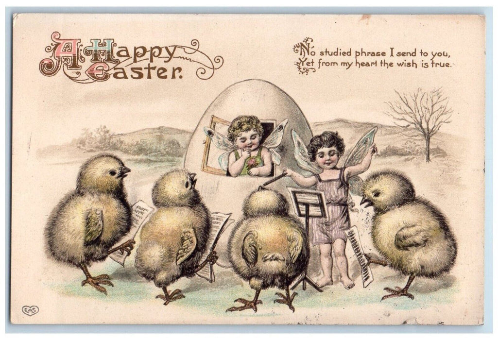 1914 Easter Anthropomorphic Chicks Singing Angel Butterfly Wings Posted Postcard
