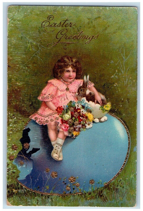 1910 Easter Greetings Little Bubby Flowers Hatched Egg Gel Gold Gilt Postcard