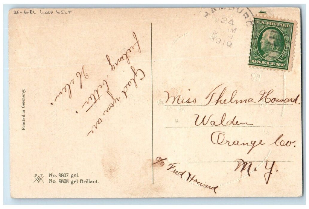 1910 Easter Greetings Little Bubby Flowers Hatched Egg Gel Gold Gilt Postcard
