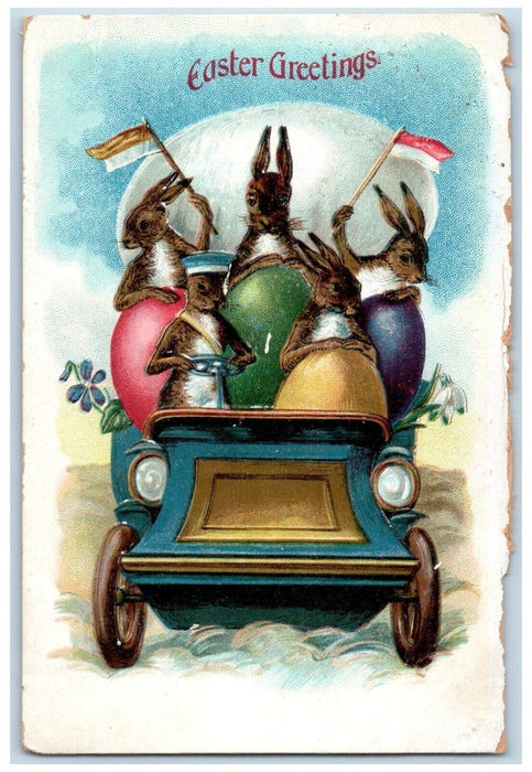 c1910's Easter Greetings Anthropomorphic Rabbit Hatched Egg Riding Car Postcard
