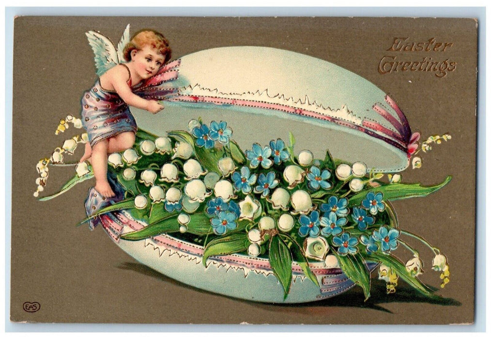c1910's Easter Greetings Angel Pansies Flowers Gel Gold Gilt Antique Postcard