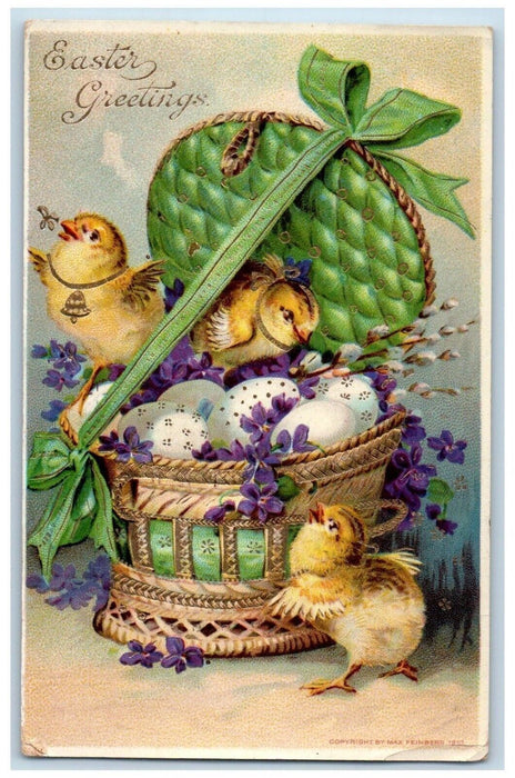1911 Easter Greetings Chicks Basket Eggs Pansies Flowers Gel Gold Gilt Postcard