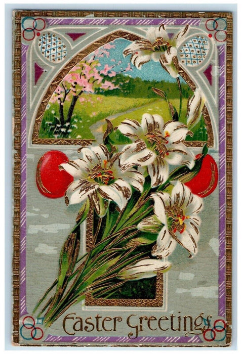c1910's Easter Greetings Eggs Lily Flowers Gel Gold Gilt Embossed Postcard