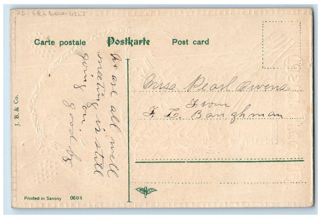 c1910's Easter Greetings Eggs Lily Flowers Gel Gold Gilt Embossed Postcard