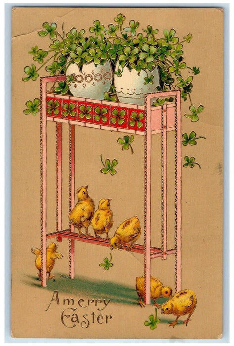 1911 Easter Chicks Egg Hatched Shamrocks Gel Gold Gilt Embossed Posted Postcard