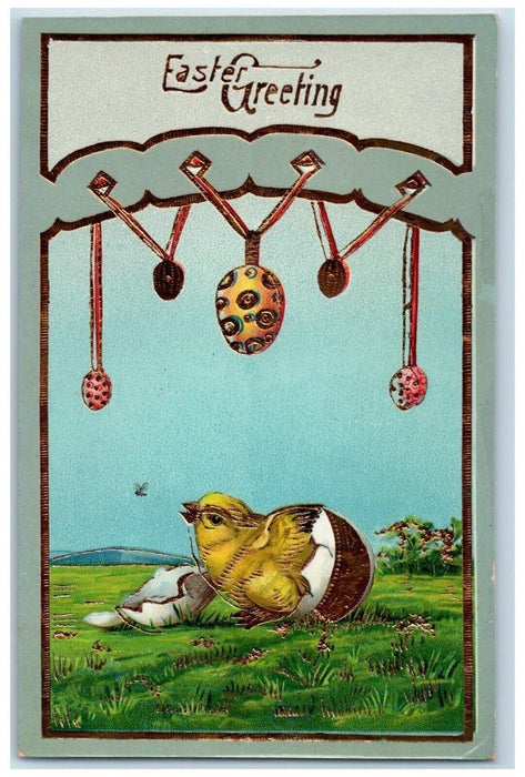 c1910's Easter Greeting Hatched Egg Chick Gel Gold Gilt Embossed Postcard