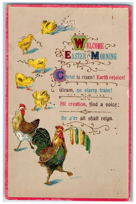 c1910's Easter Rooster Chicken Hen Chicks Gel Gold Gilt Antique Postcard