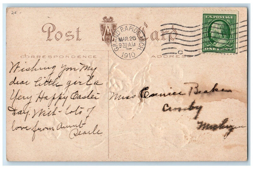 1910 Easter Cute Girl Chicks Embossed Grand Rapids Michigan MI Antique Postcard