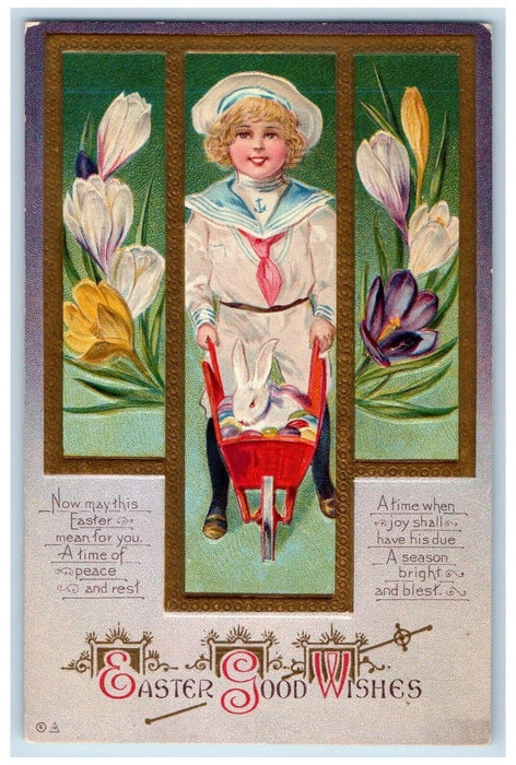 c1910's Easter Good Wishes Boy Cart Bunny Rabbit Eggs Flowers Nash Postcard