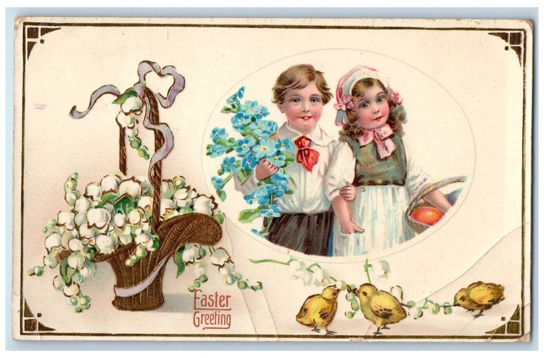 1915 Easter Greetings Boy Girl Pansies Flowers In Basket Chicks Antique Postcard