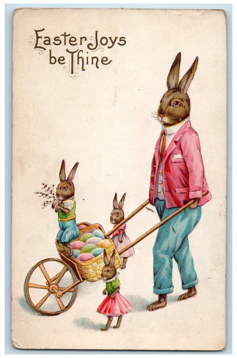 c1910's Easter Anthropomorphic Rabbit Pushing Cart Eggs Embossed Postcard