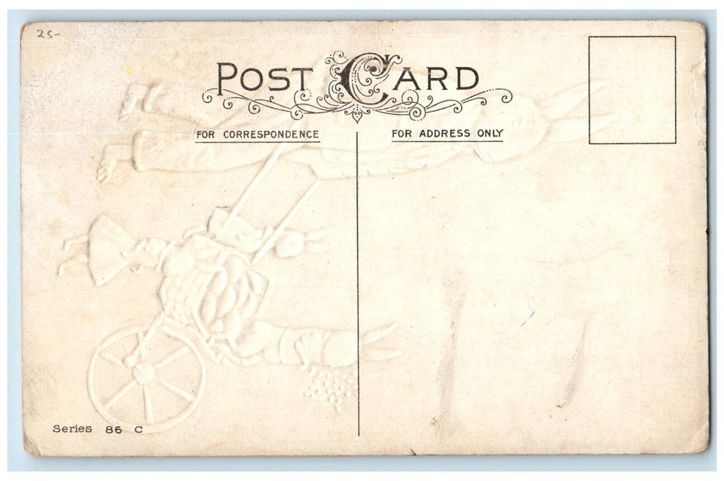c1910's Easter Anthropomorphic Rabbit Pushing Cart Eggs Embossed Postcard